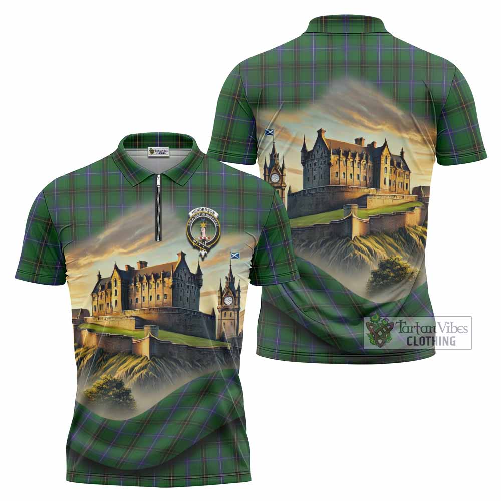 Tartan Vibes Clothing Henderson Tartan Family Crest Zipper Polo Shirt with Scottish Ancient Castle Stype