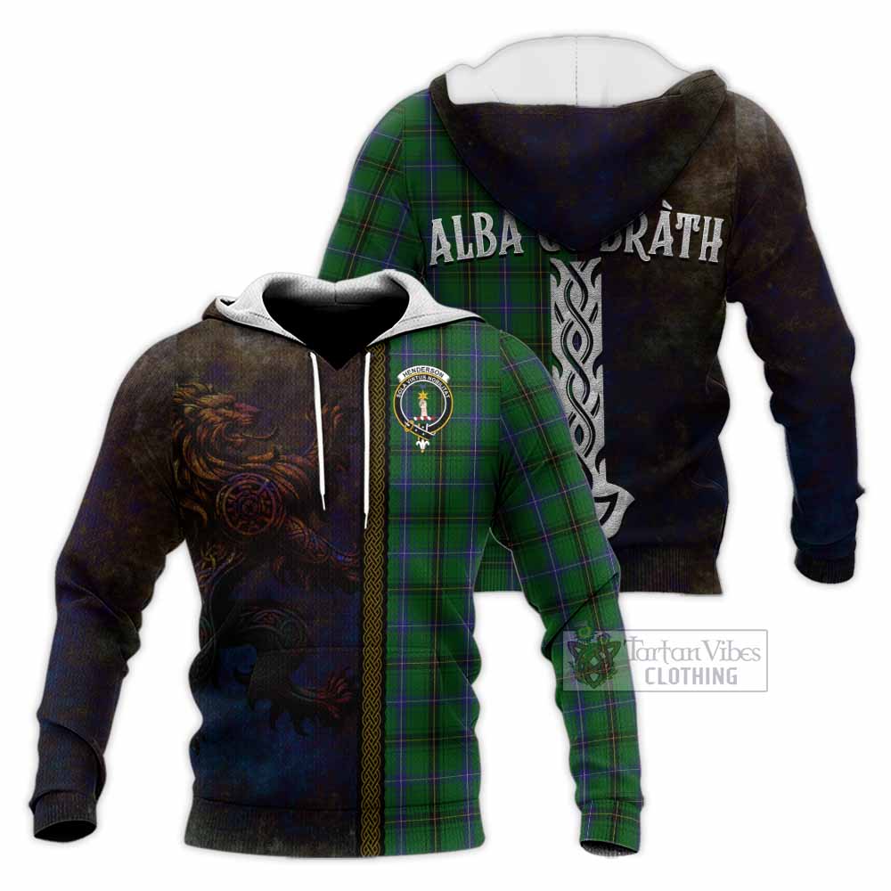 Tartan Vibes Clothing Henderson Tartan Family Crest Knitted Hoodie Alba Gu Brath Be Brave Lion Ancient Style