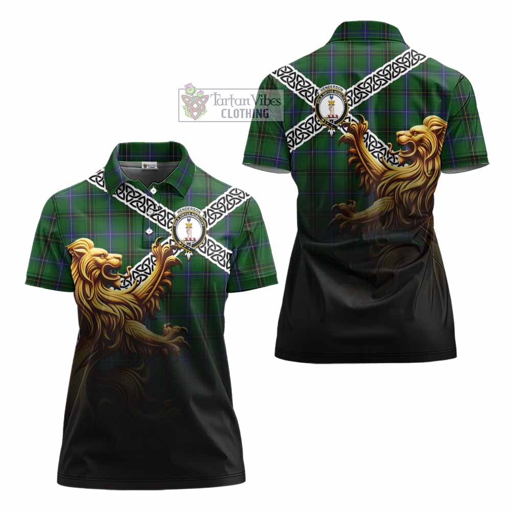 Tartan Vibes Clothing Henderson Crest Tartan Women's Polo Shirt with Golden Lion Emblem Celtic Style
