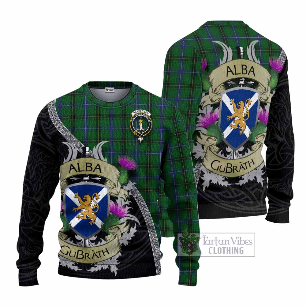 Tartan Vibes Clothing Henderson Tartan Family Crest Knitted Sweater Lion Rampant Royal Thistle Shield Celtic Inspired