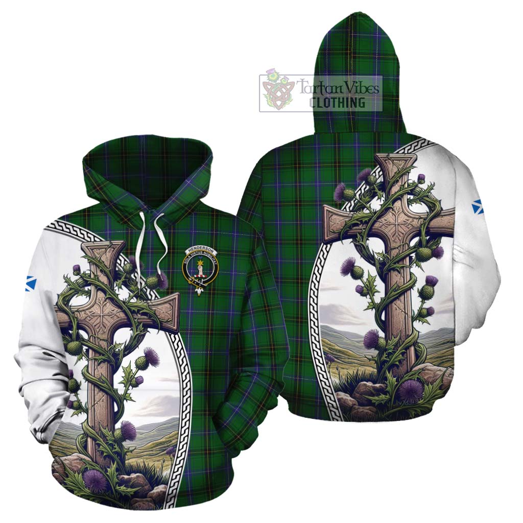 Tartan Vibes Clothing Henderson Tartan Cotton Hoodie with Family Crest and St. Andrew's Cross Accented by Thistle Vines