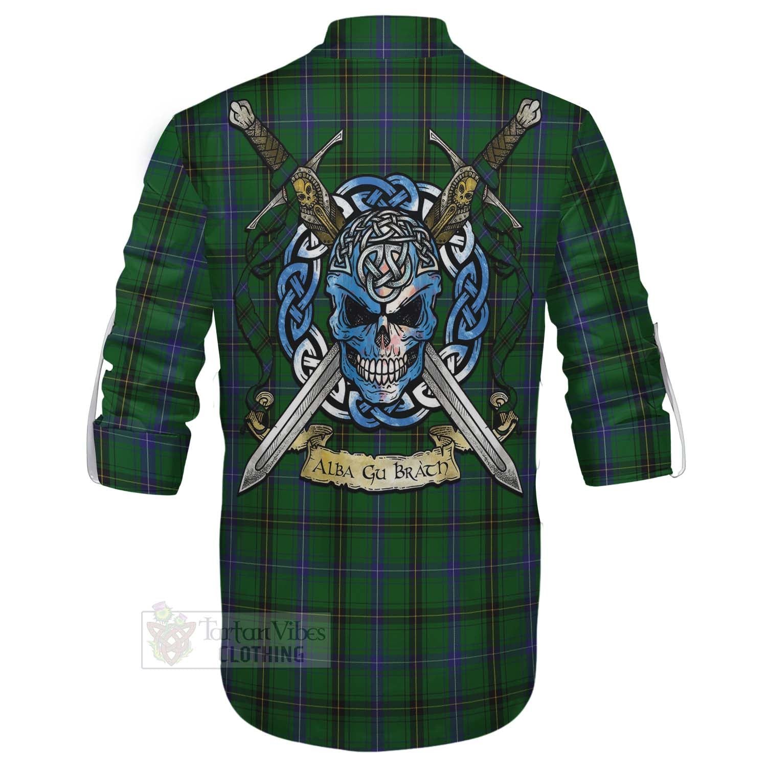 Tartan Vibes Clothing Henderson Tartan Ghillie Kilt Shirt with Family Crest Celtic Skull Style