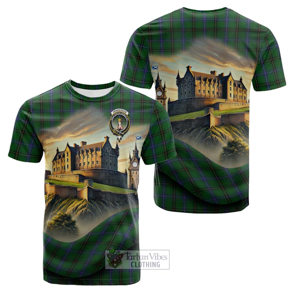 Tartan Vibes Clothing Henderson Tartan Family Crest Cotton T-shirt with Scottish Ancient Castle Style