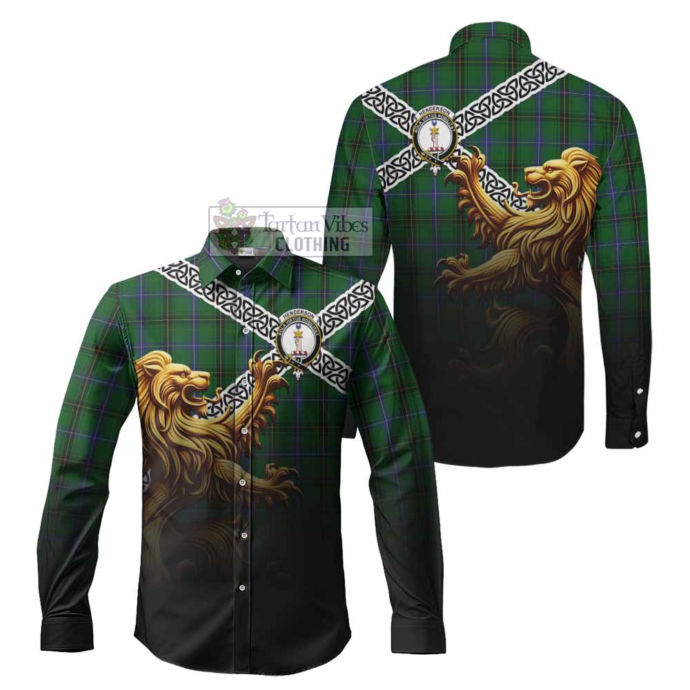 Tartan Vibes Clothing Henderson Crest Tartan Long Sleeve Button Shirt with Golden Lion Emblem Celtic Style