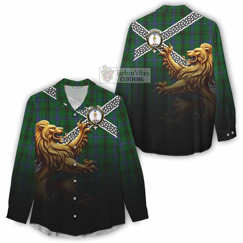 Tartan Vibes Clothing Henderson Crest Tartan Women's Casual Shirt with Golden Lion Emblem Celtic Style