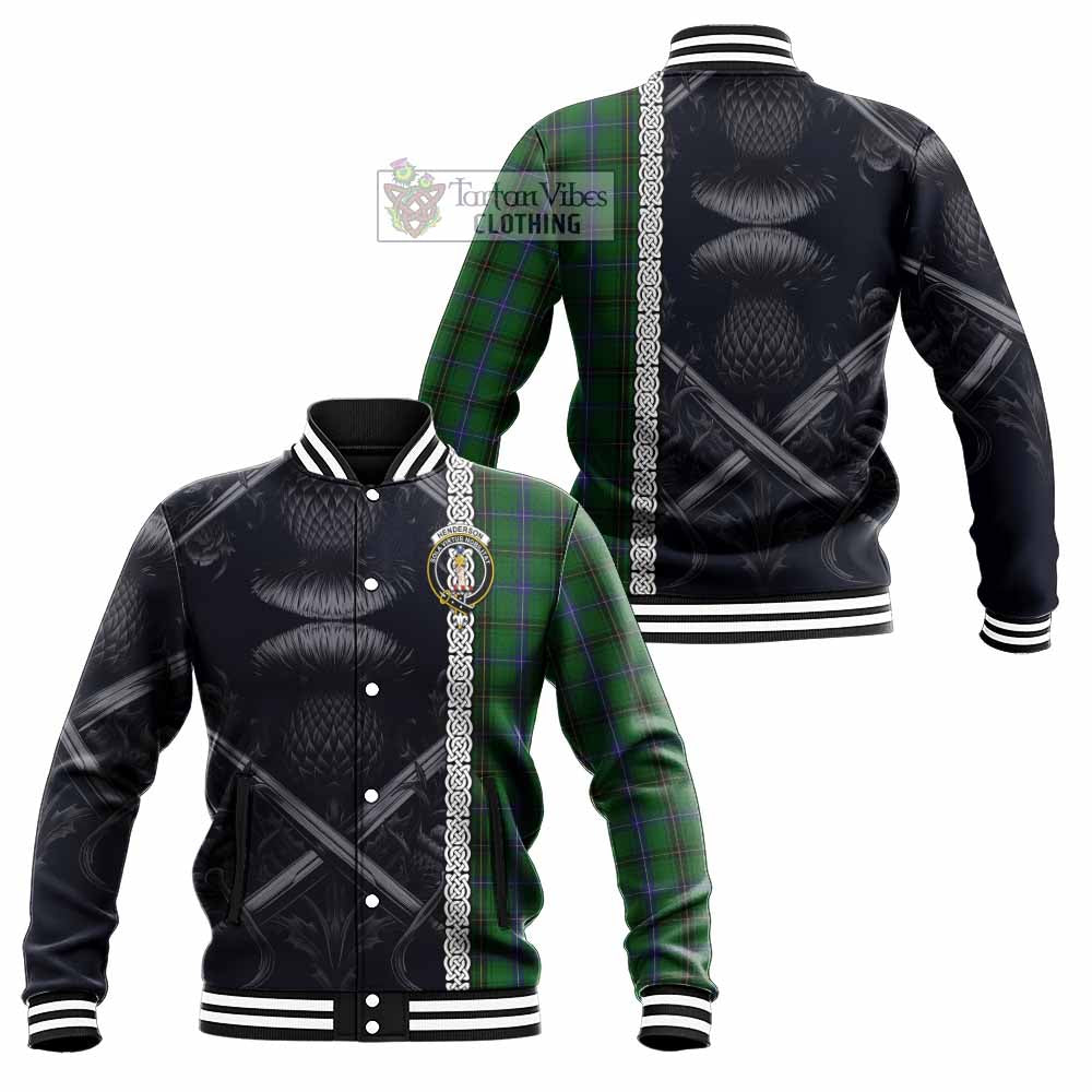 Henderson Tartan Baseball Jacket with Family Crest Cross Sword Thistle Celtic Vibes - Tartan Vibes Clothing