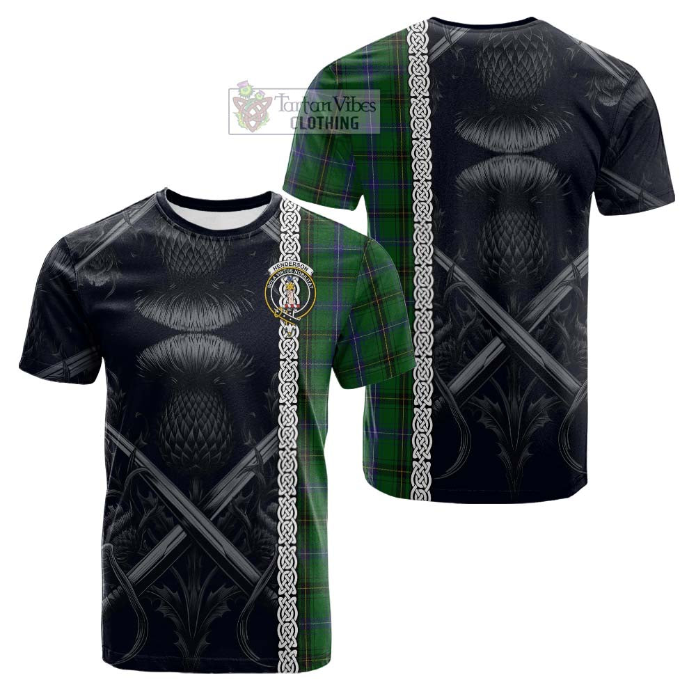 Tartan Vibes Clothing Henderson Tartan Cotton T-shirt with Family Crest Cross Sword Thistle Celtic Vibes