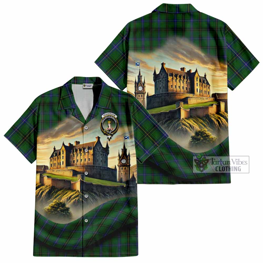 Tartan Vibes Clothing Henderson Tartan Family Crest Short Sleeve Button Shirt with Scottish Ancient Castle Style