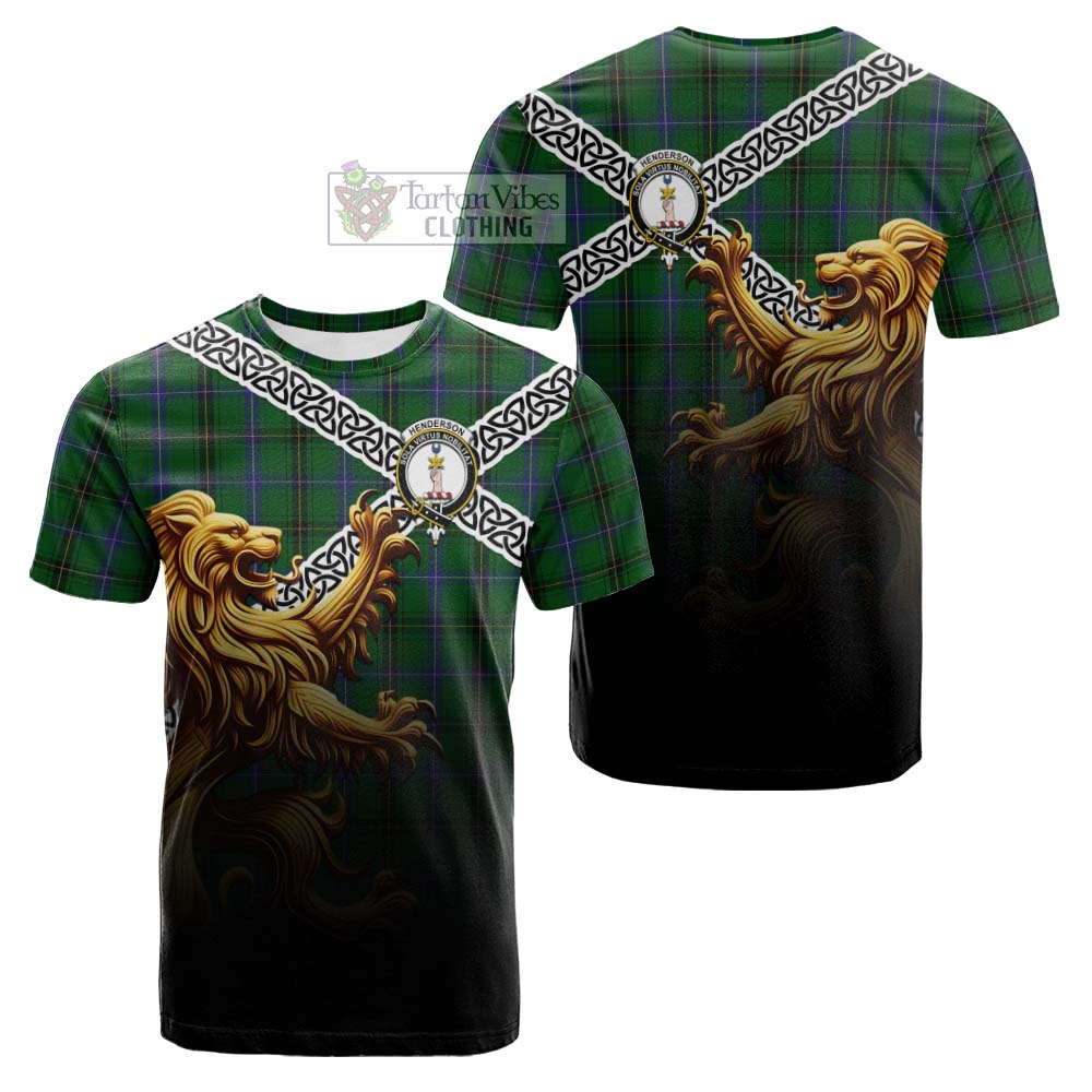 Tartan Vibes Clothing Henderson Crest Tartan Cotton T-shirt with Golden Lion Emblem Celtic Style