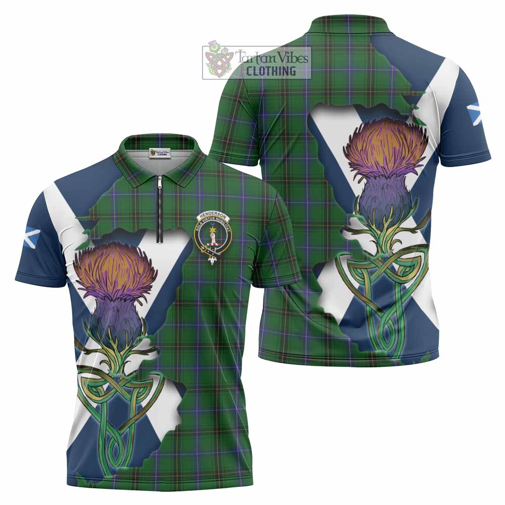 Tartan Vibes Clothing Henderson Tartan Family Crest Zipper Polo Shirt Scottish Thistle Celtic Inspired