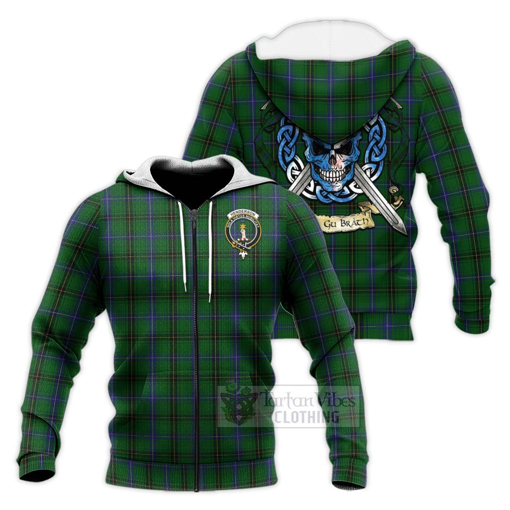 Tartan Vibes Clothing Henderson Tartan Knitted Hoodie with Family Crest Celtic Skull Style