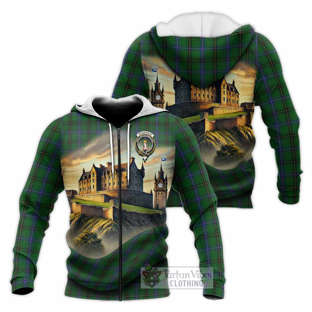 Tartan Vibes Clothing Henderson Tartan Family Crest Knitted Hoodie with Scottish Ancient Castle Style