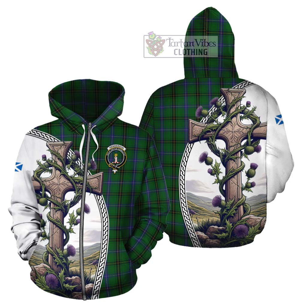 Tartan Vibes Clothing Henderson Tartan Cotton Hoodie with Family Crest and St. Andrew's Cross Accented by Thistle Vines