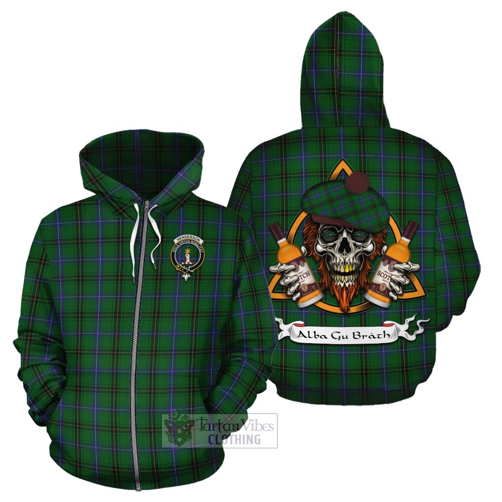 Tartan Vibes Clothing Henderson Tartan Cotton Hoodie with Family Crest and Bearded Skull Holding Bottles of Whiskey