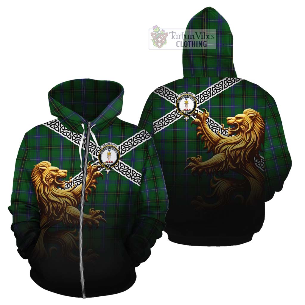 Tartan Vibes Clothing Henderson Crest Tartan Cotton Hoodie with Golden Lion Emblem Celtic Style