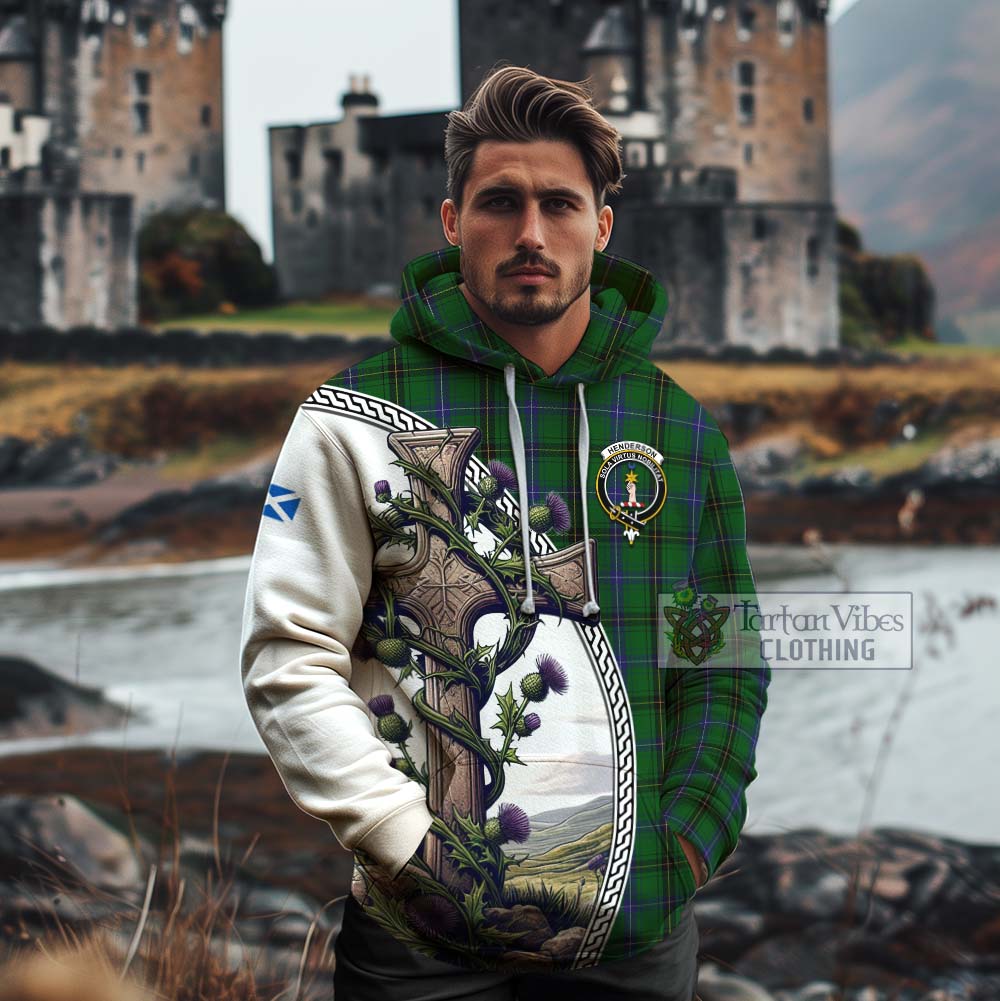 Tartan Vibes Clothing Henderson Tartan Cotton Hoodie with Family Crest and St. Andrew's Cross Accented by Thistle Vines