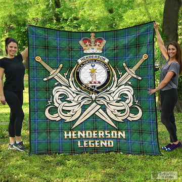 Henderson Ancient Tartan Quilt with Clan Crest and the Golden Sword of Courageous Legacy