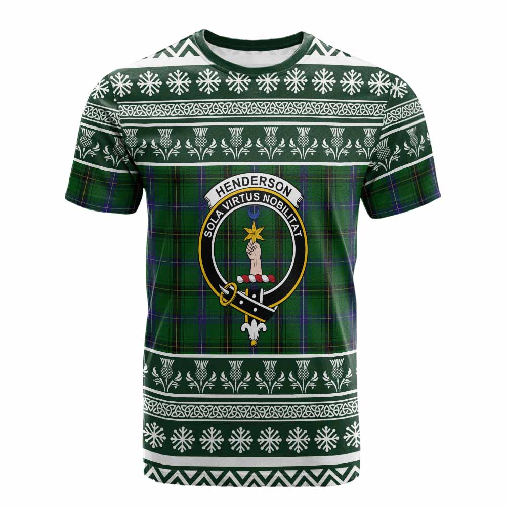 Henderson Clan Tartan Christmas Cotton T-shirt with Family Crest - Tartan Vibes Clothing