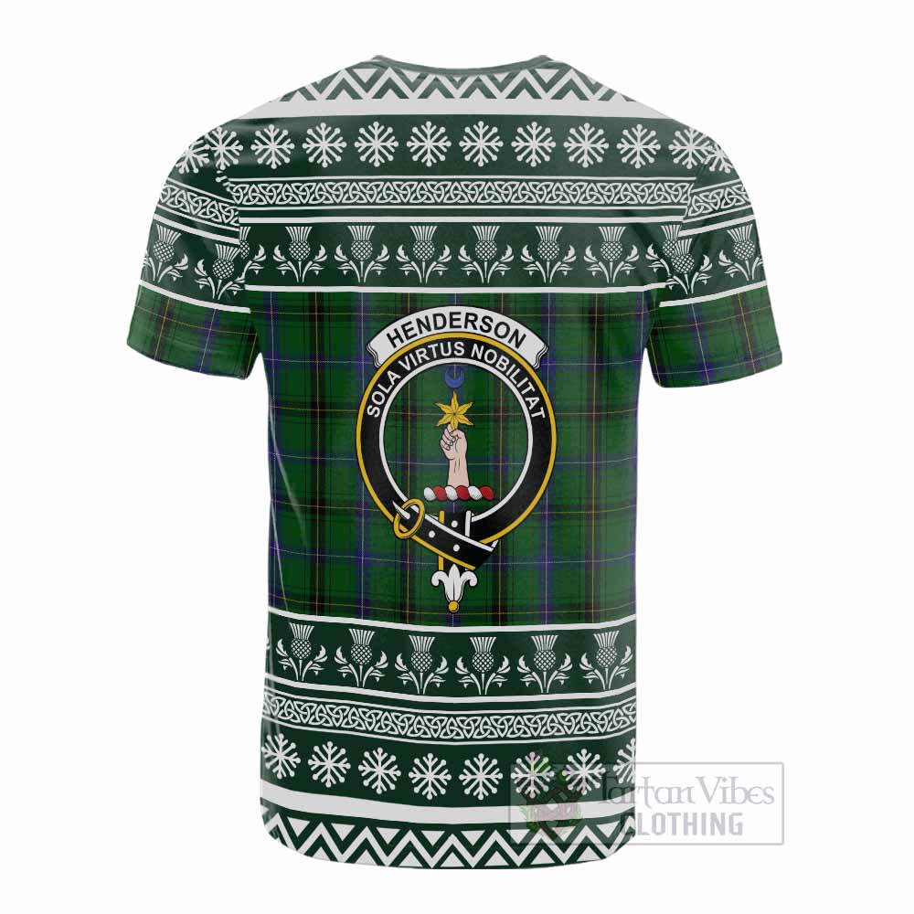 Henderson Clan Tartan Christmas Cotton T-shirt with Family Crest - Tartan Vibes Clothing