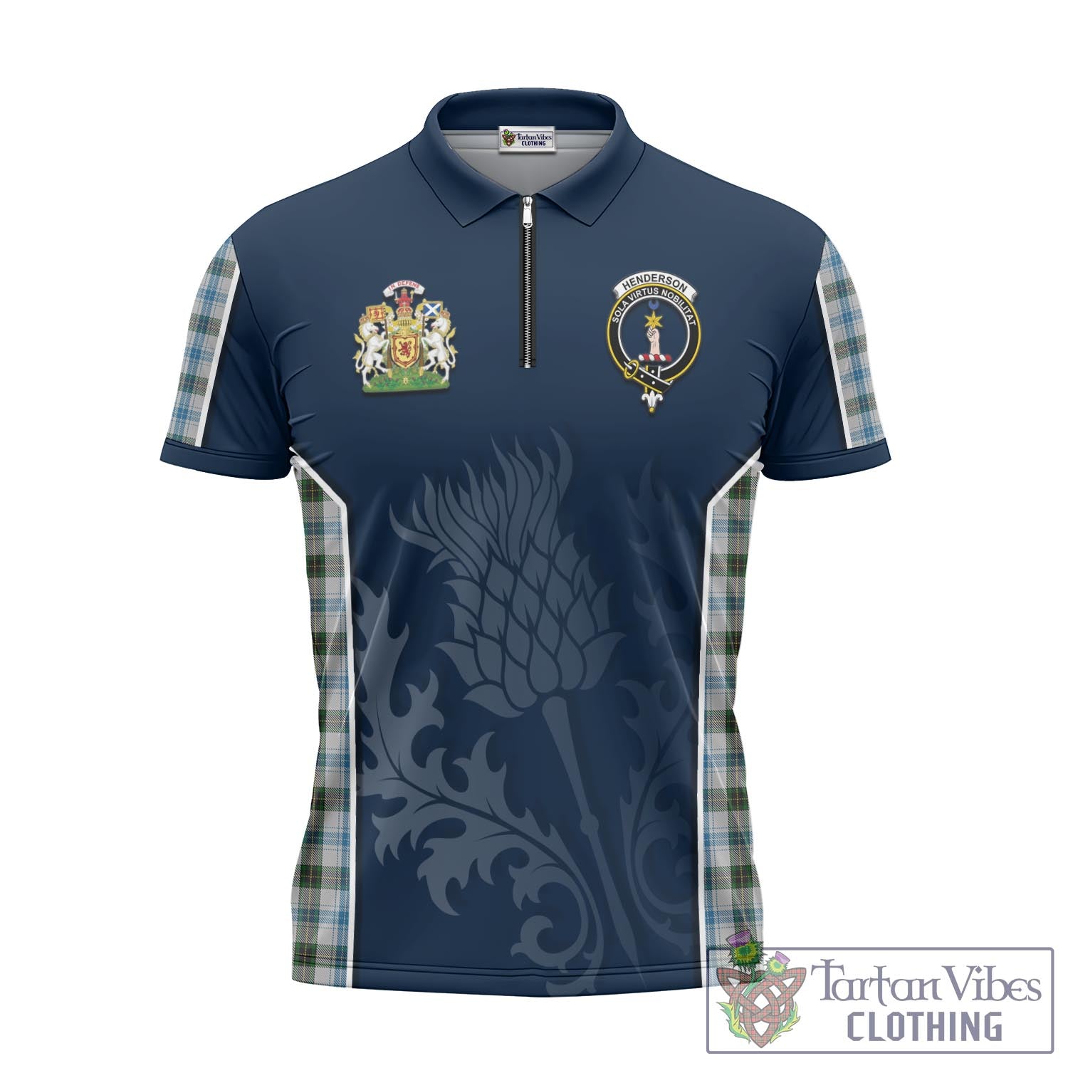 Tartan Vibes Clothing Henderson Dress Tartan Zipper Polo Shirt with Family Crest and Scottish Thistle Vibes Sport Style