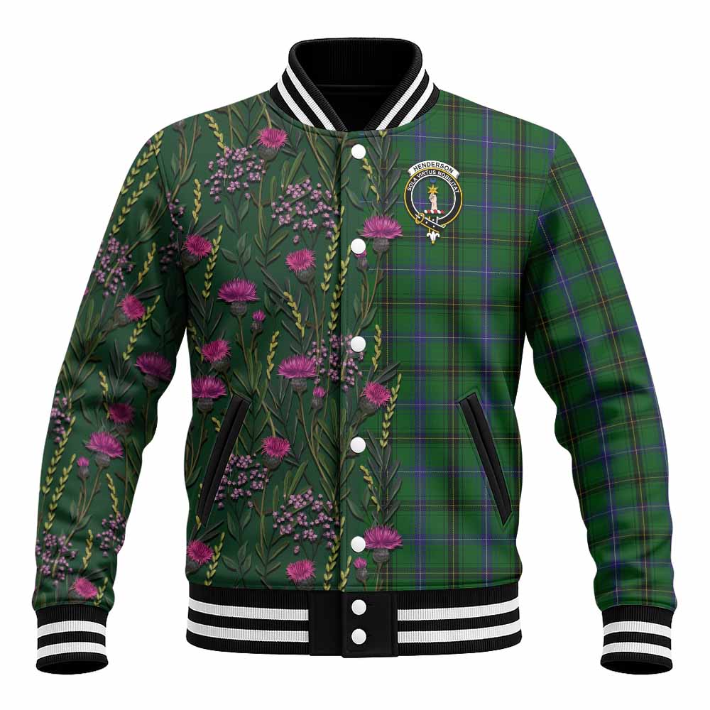 Henderson Family Crest Tartan Baseball Jacket Scottish Thistle Flower Pattern Half Style - Tartan Vibes Clothing