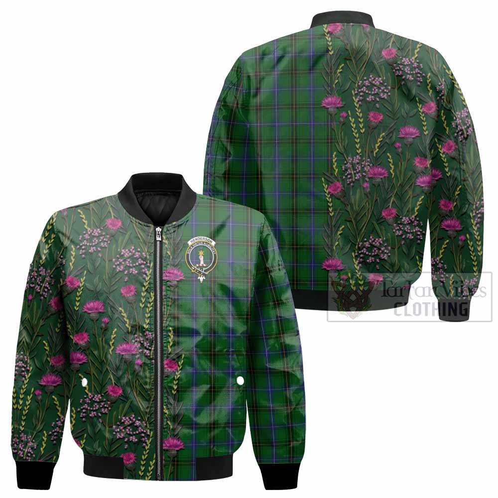 Henderson Family Crest Tartan Bomber Jacket Scottish Thistle Flower Pattern Half Style - Tartan Vibes Clothing