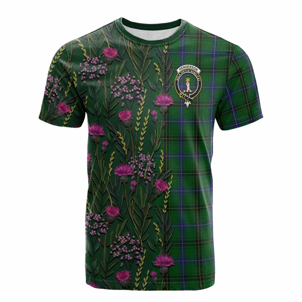 Henderson Family Crest Tartan Cotton T-shirt Scottish Thistle Flower Pattern Half Style - Tartan Vibes Clothing