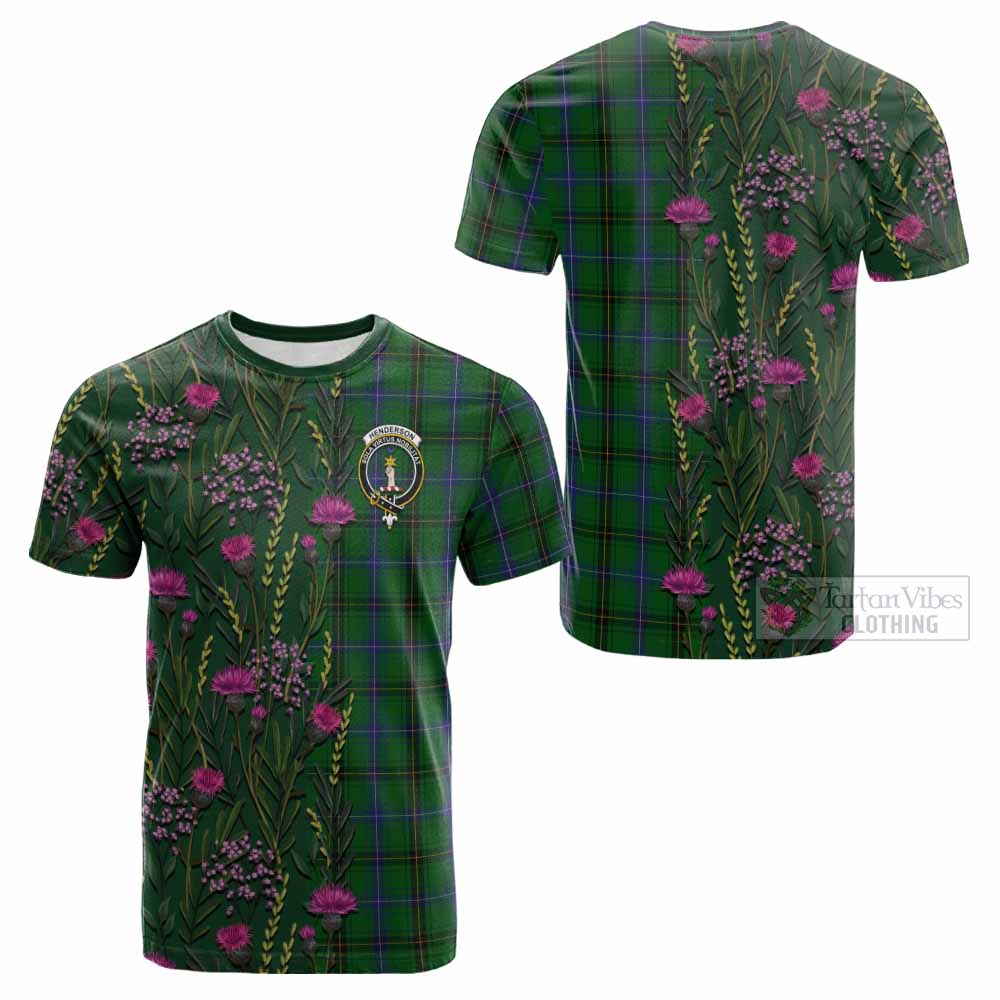 Henderson Family Crest Tartan Cotton T-shirt Scottish Thistle Flower Pattern Half Style - Tartan Vibes Clothing