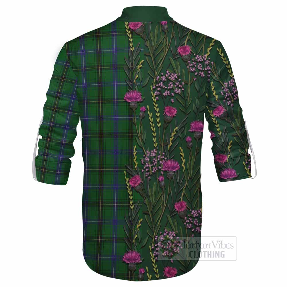 Henderson Family Crest Tartan Ghillie Shirt Scottish Thistle Flower Pattern Half Style - Tartan Vibes Clothing
