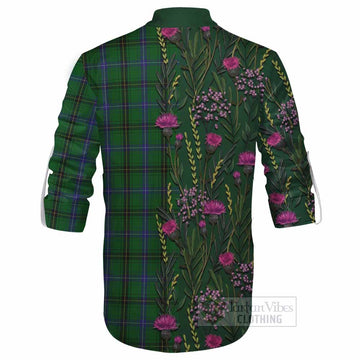 Henderson Family Crest Tartan Ghillie Shirt Scottish Thistle Flower Pattern Half Style