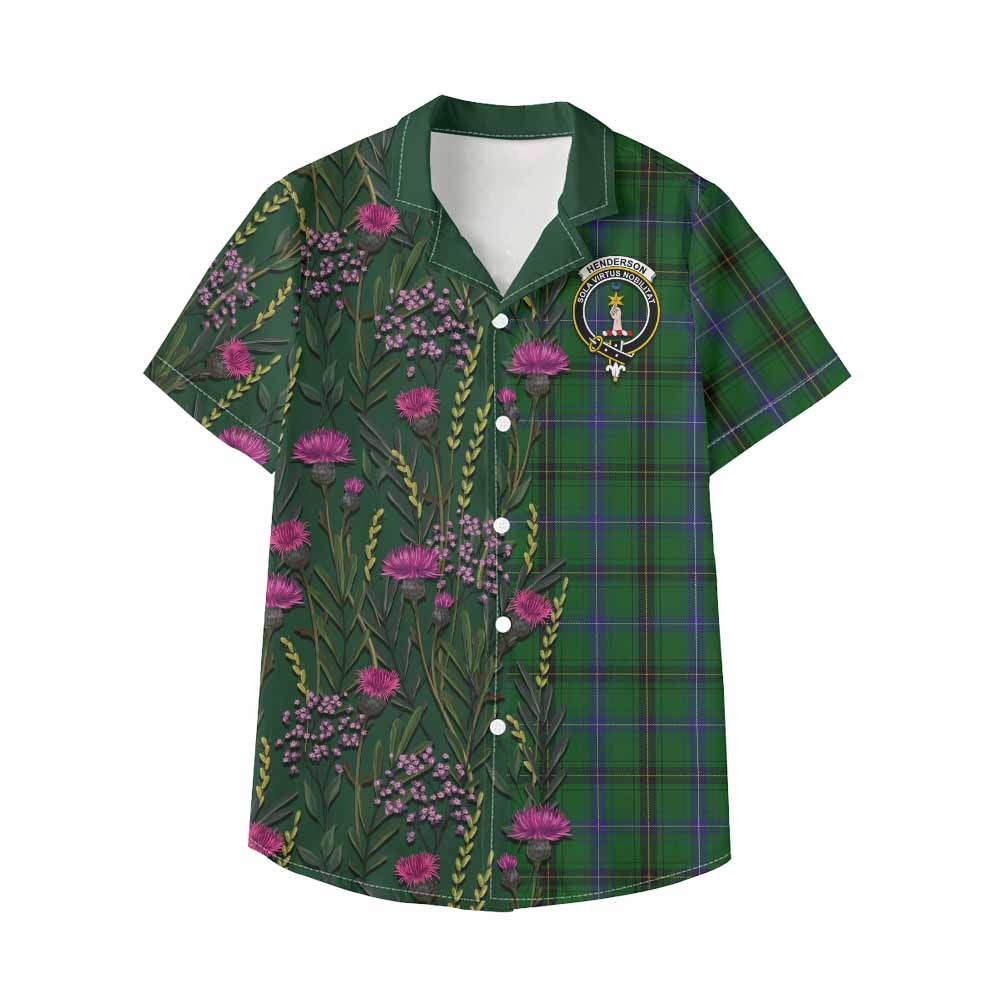 Henderson Family Crest Tartan Kid Hawaiian Shirt Scottish Thistle Flower Pattern Half Style - Tartan Vibes Clothing