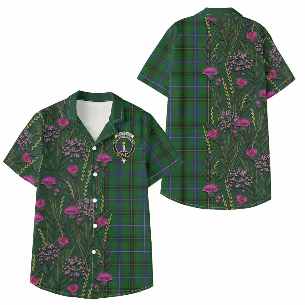 Henderson Family Crest Tartan Kid Hawaiian Shirt Scottish Thistle Flower Pattern Half Style - Tartan Vibes Clothing