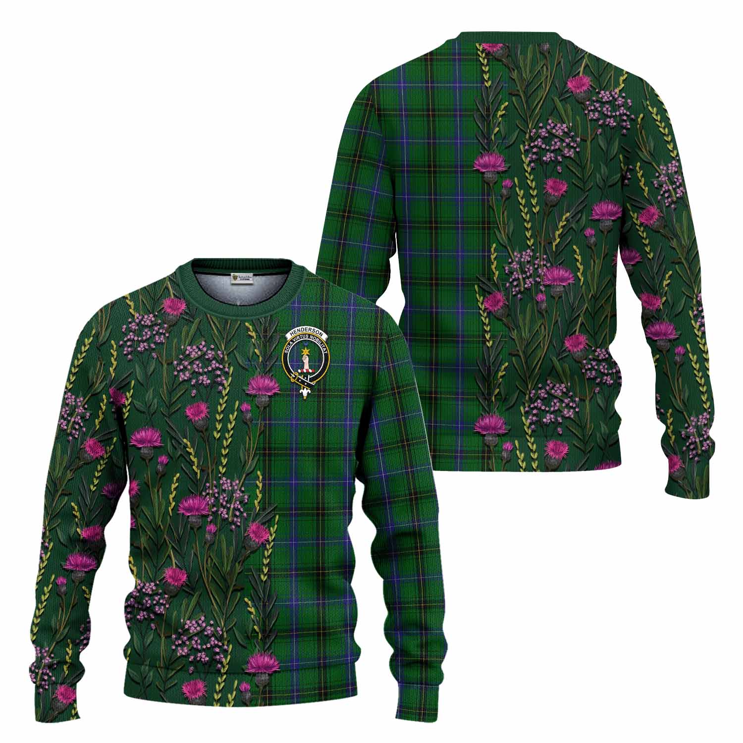 Henderson Family Crest Tartan Knitted Sweater Scottish Thistle Flower Pattern Half Style - Tartan Vibes Clothing