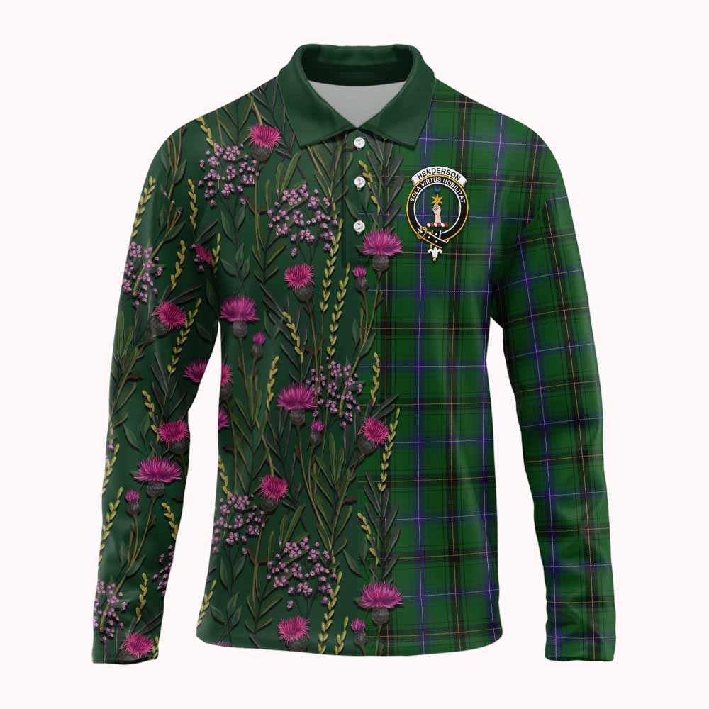 Henderson Family Crest Tartan Long Sleeve Polo Shirt Scottish Thistle Flower Pattern Half Style - Tartan Vibes Clothing