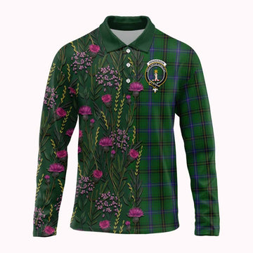 Henderson Family Crest Tartan Long Sleeve Polo Shirt Scottish Thistle Flower Pattern Half Style