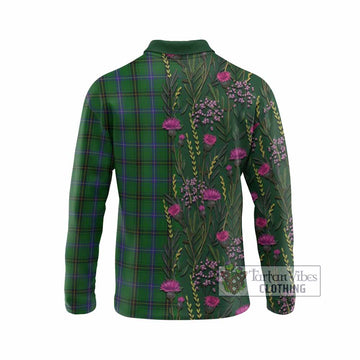 Henderson Family Crest Tartan Long Sleeve Polo Shirt Scottish Thistle Flower Pattern Half Style