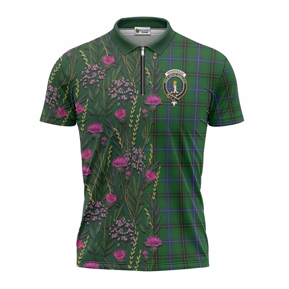 Henderson Family Crest Tartan Zipper Polo Shirt Scottish Thistle Flower Pattern Half Style - Tartan Vibes Clothing