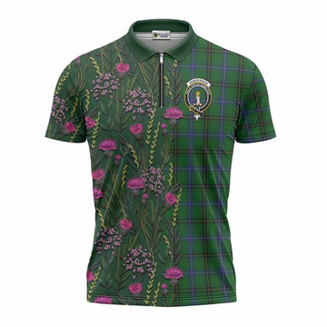 Henderson Family Crest Tartan Zipper Polo Shirt Scottish Thistle Flower Pattern Half Style