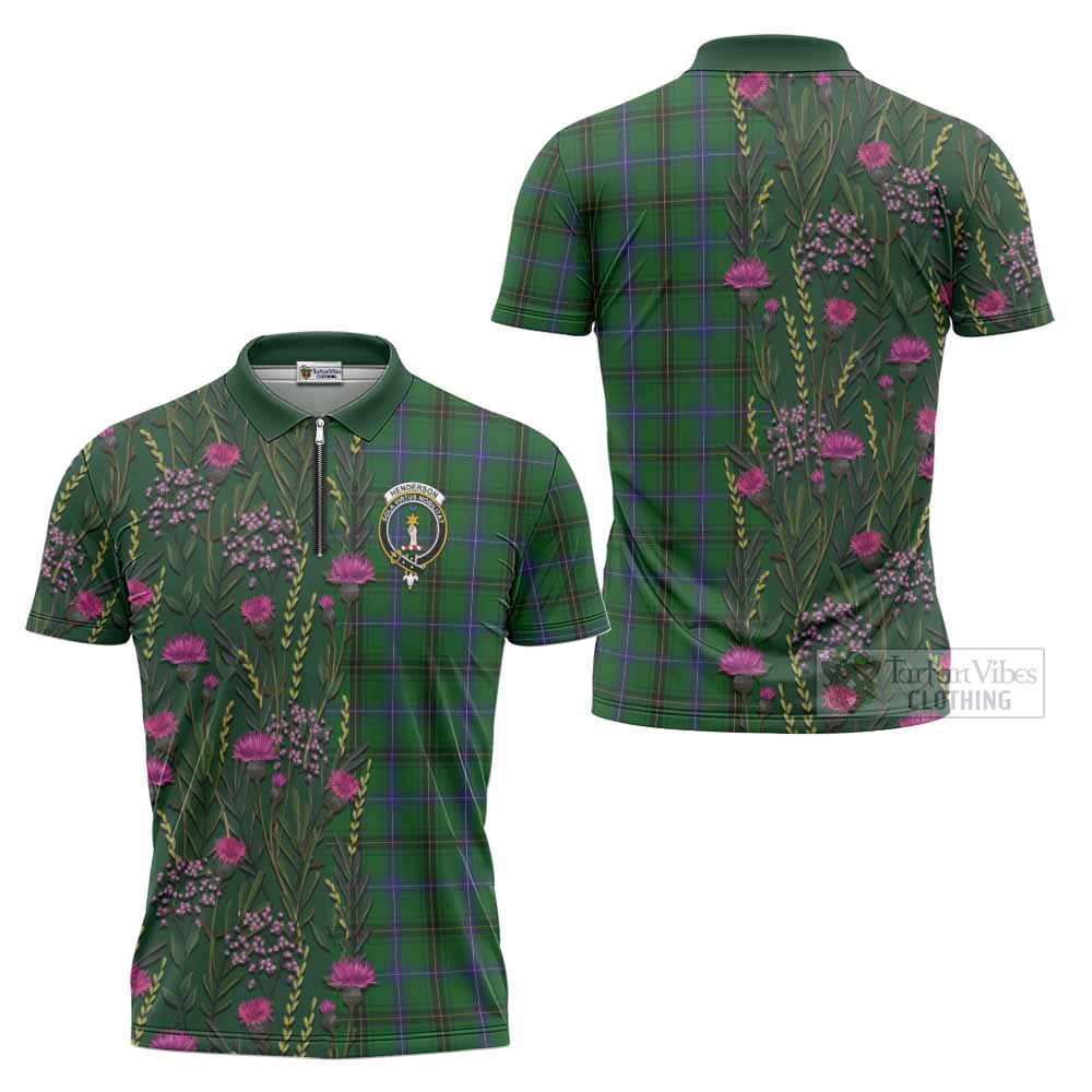 Henderson Family Crest Tartan Zipper Polo Shirt Scottish Thistle Flower Pattern Half Style - Tartan Vibes Clothing