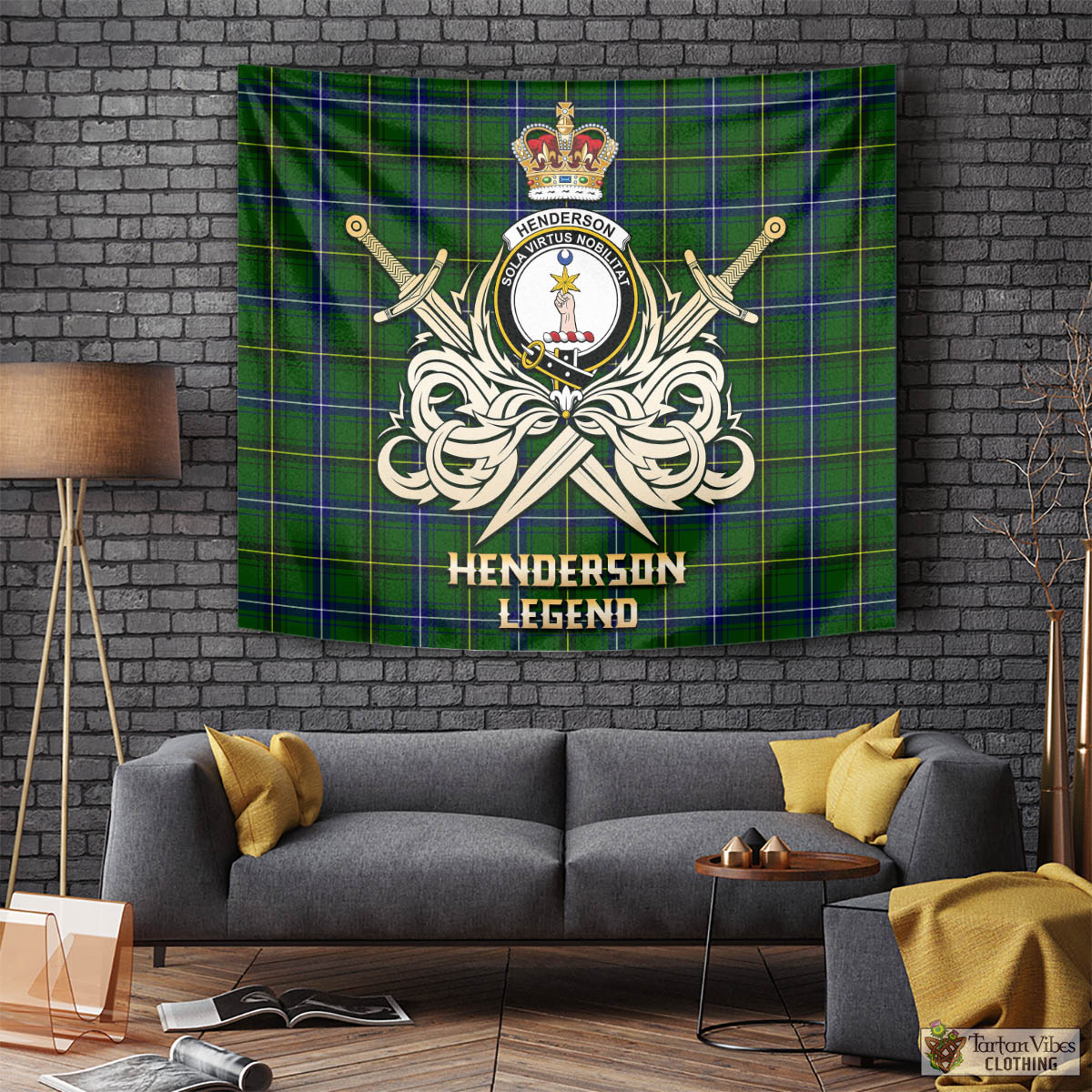 Tartan Vibes Clothing Henderson Modern Tartan Tapestry with Clan Crest and the Golden Sword of Courageous Legacy