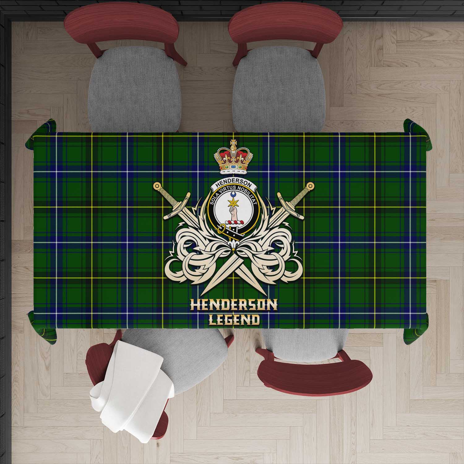 Tartan Vibes Clothing Henderson Modern Tartan Tablecloth with Clan Crest and the Golden Sword of Courageous Legacy
