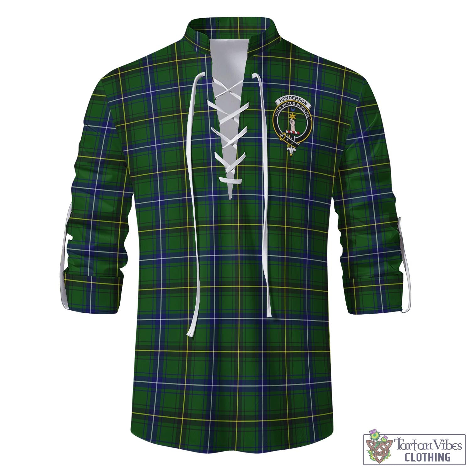 Tartan Vibes Clothing Henderson Modern Tartan Men's Scottish Traditional Jacobite Ghillie Kilt Shirt with Family Crest