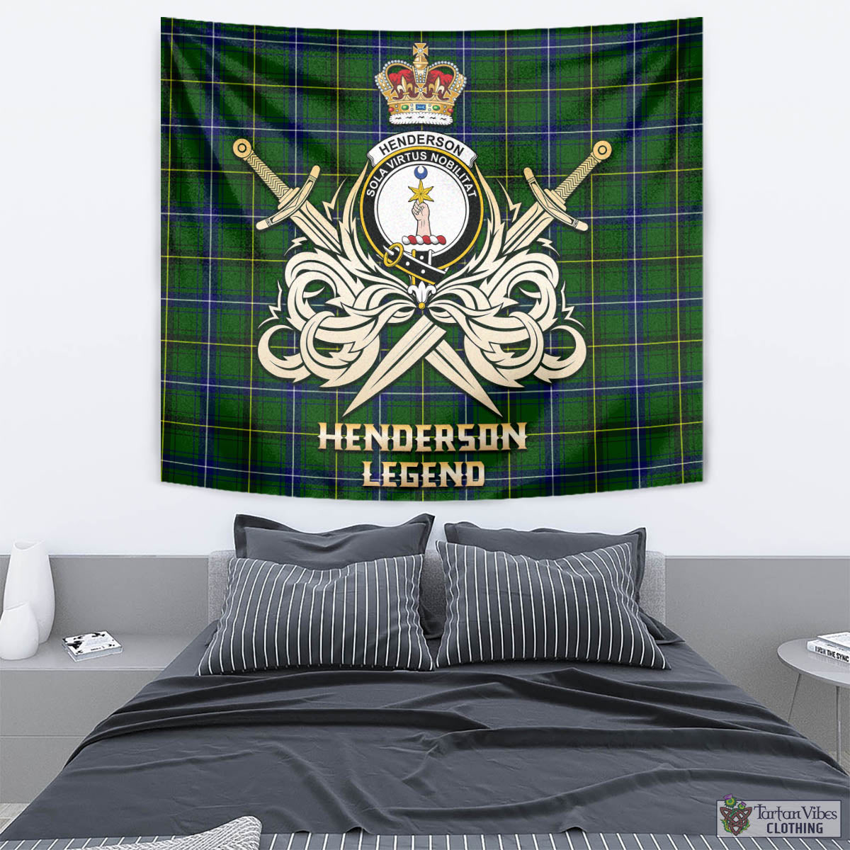 Tartan Vibes Clothing Henderson Modern Tartan Tapestry with Clan Crest and the Golden Sword of Courageous Legacy