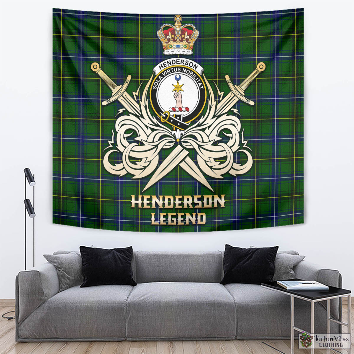 Tartan Vibes Clothing Henderson Modern Tartan Tapestry with Clan Crest and the Golden Sword of Courageous Legacy