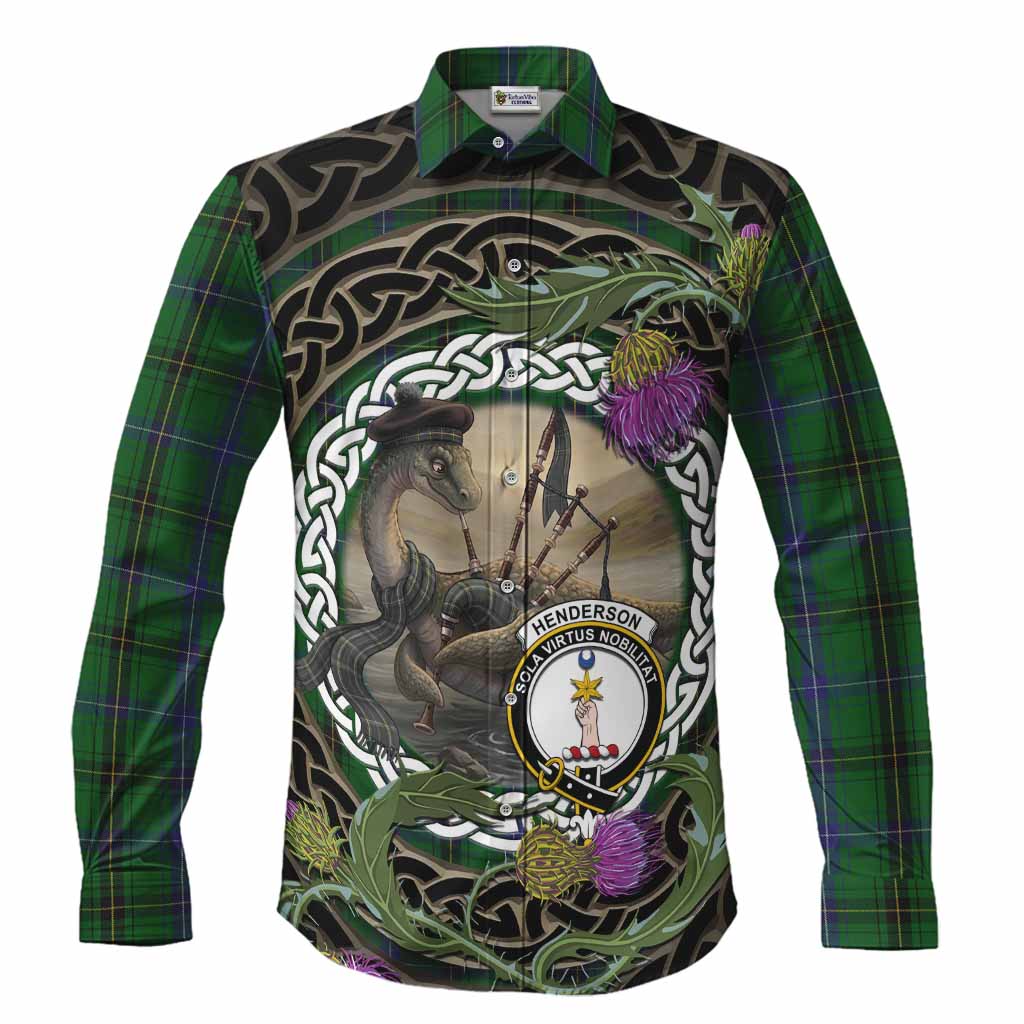 Henderson Tartan Crest Bagpipe Nessie Long Sleeve Button Shirts Scottish Loch Ness Monster Celtic Thistle