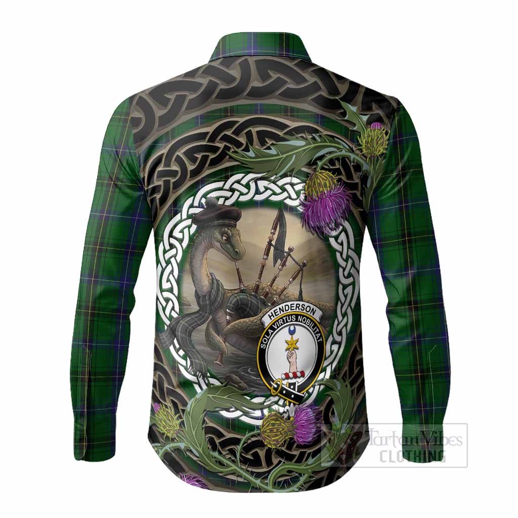 Henderson Tartan Crest Bagpipe Nessie Long Sleeve Button Shirts Scottish Loch Ness Monster Celtic Thistle