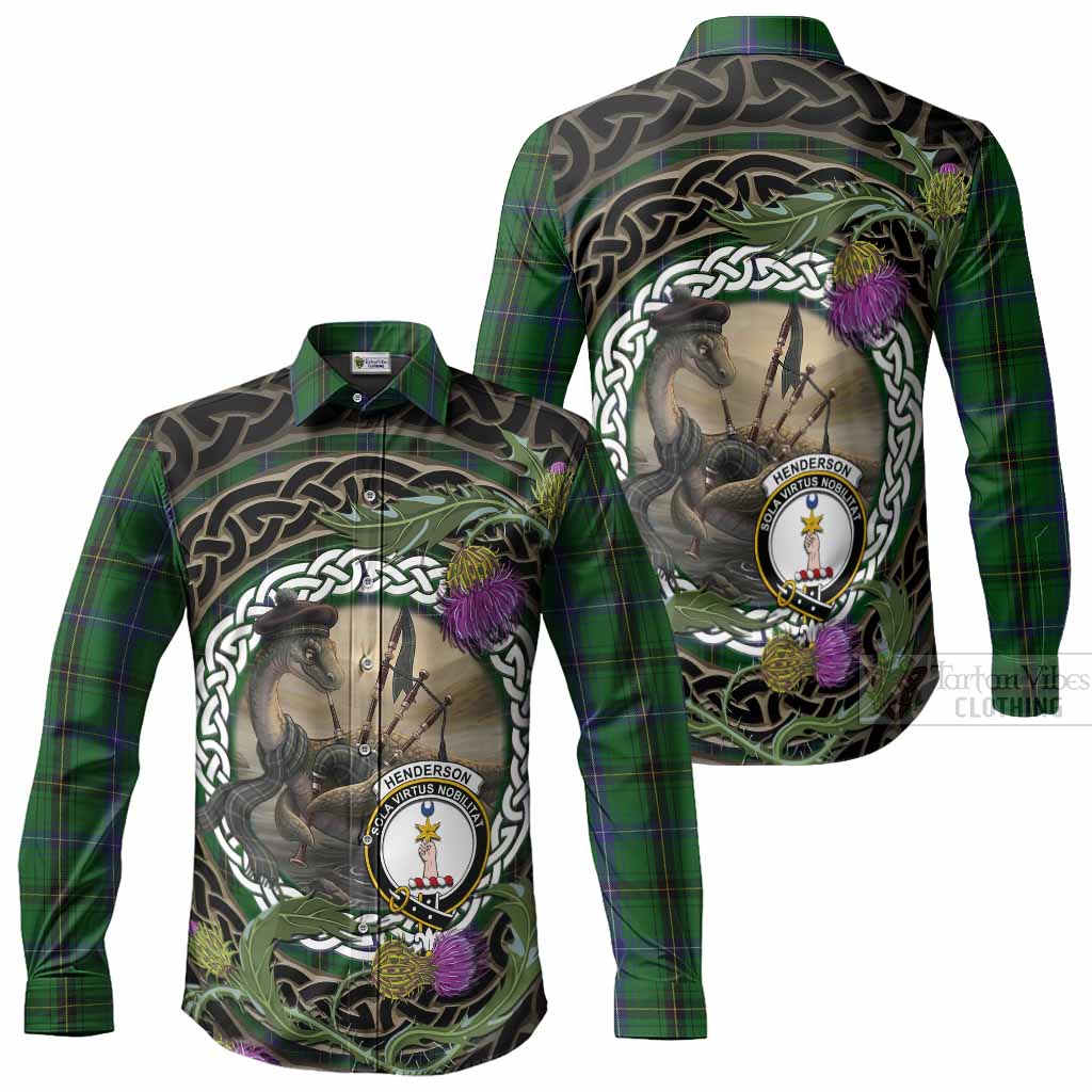 Henderson Tartan Crest Bagpipe Nessie Long Sleeve Button Shirts Scottish Loch Ness Monster Celtic Thistle