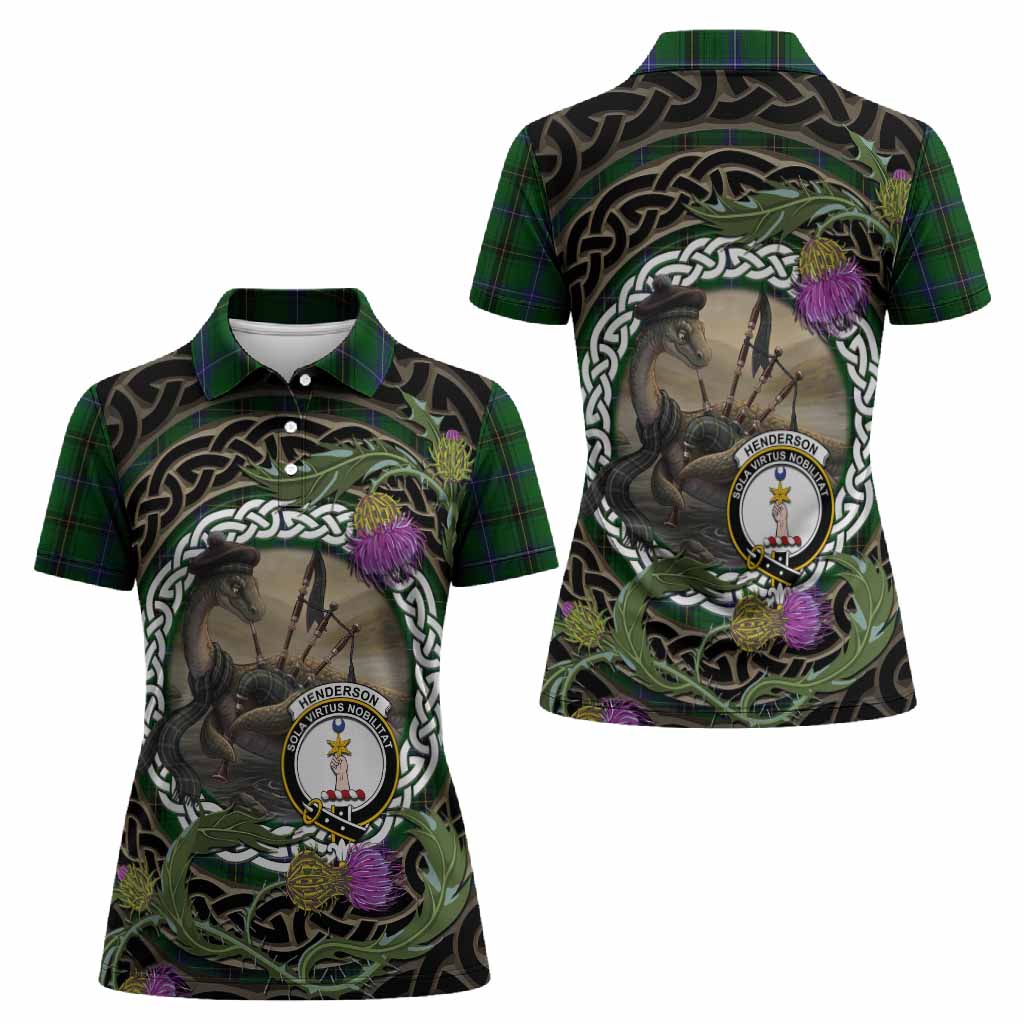 Henderson Tartan Crest Bagpipe Nessie Women Polo Shirt Scottish Loch Ness Monster Celtic Thistle