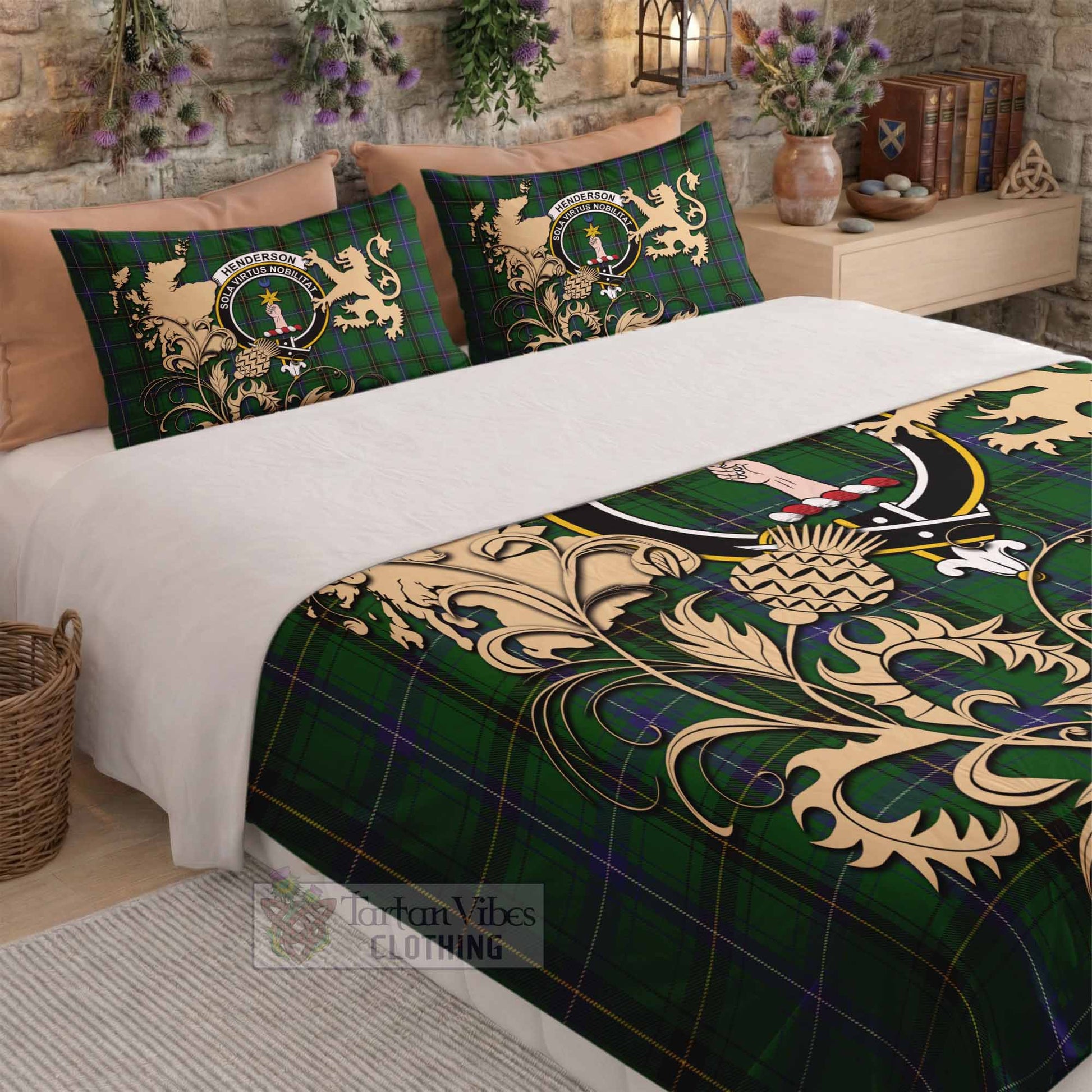 Henderson Tartan Crest Bedding Set with Scottish Iconic Symbols 