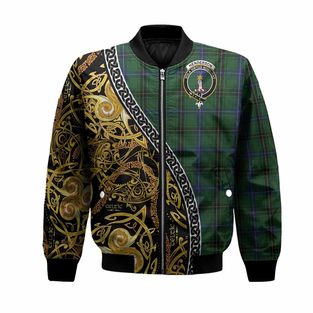 Henderson Tartan Crest Bomber Jacket Celtic Knot and Triple Trickle Spiral Symbols